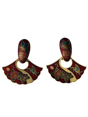 Vintage Cloisonné Fan-Shaped Earrings With Butterfly & Floral Motif Red & Gold-T
